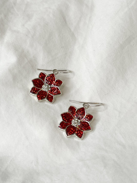 Red Sparkle Flower Dangle Earrings