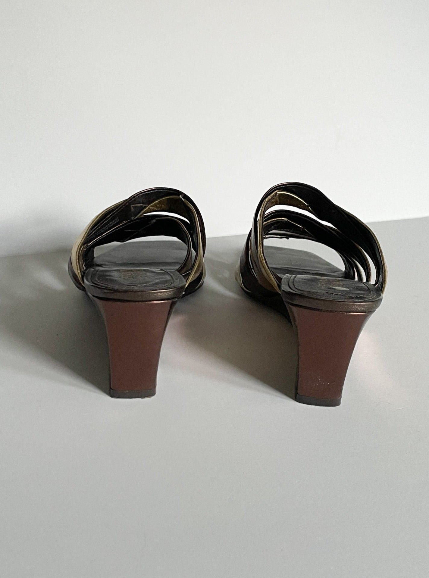Franco Sarto Leather Bronze Silver Gold Strap Square Toe Wedge Heel Sandals - Size 6.5
