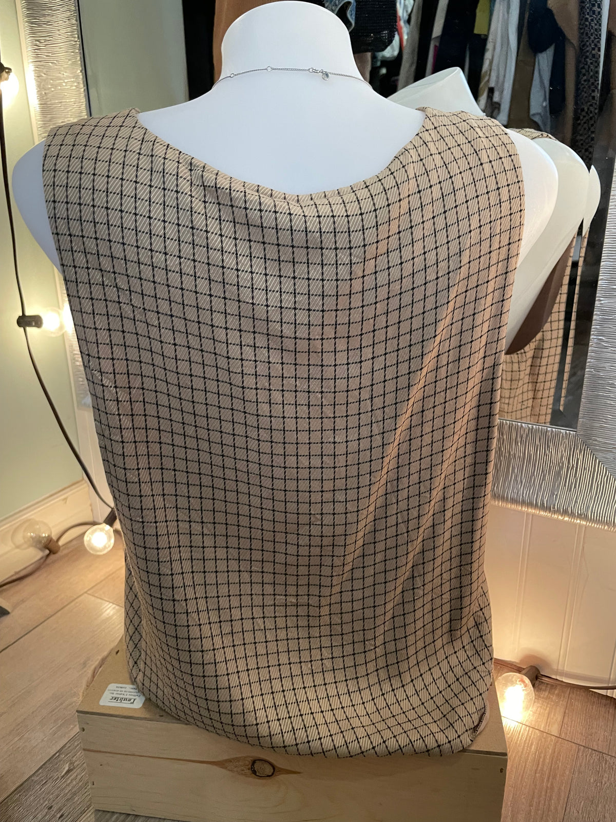 Babaton Taupe Black Grid Sleeveless V-Neck Top - Large