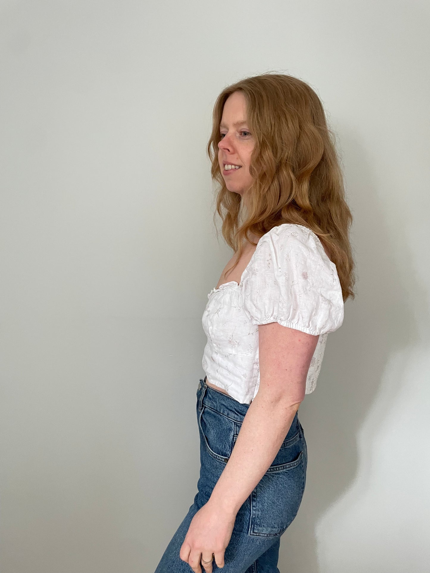 Wilfred White Floral Organic Linen Puff Sleeve Crop Top - Size Large