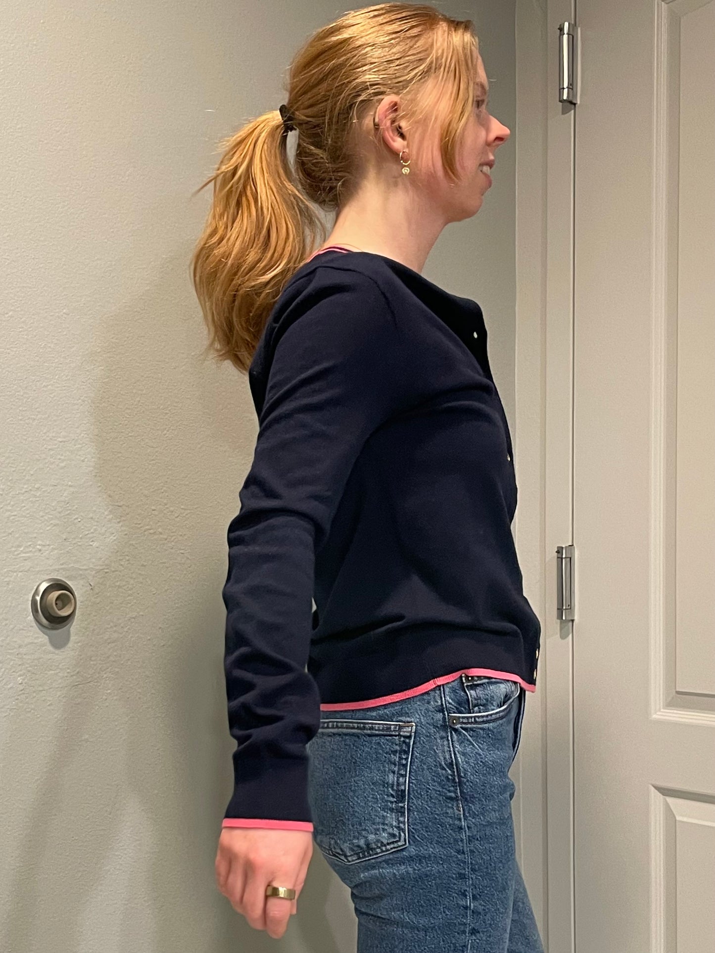 Crew Navy Cotton Cardigan with Pink Trim – Small