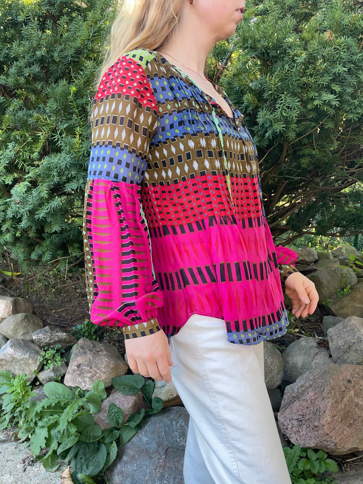 Hale Bob Pink Multicolour Geometric Silk Blouse – XS/S