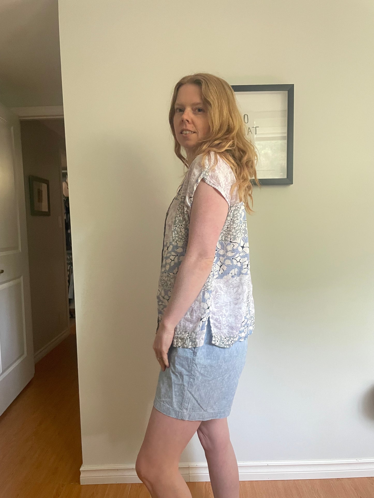 Linen Button-Up Floral Patchwork Short Sleeve Top - Medium