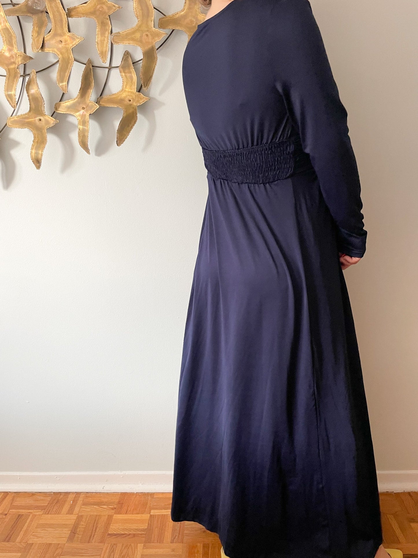 Navy Stretchy Empire Waist Long Sleeved Slit Maxi Gown - XL