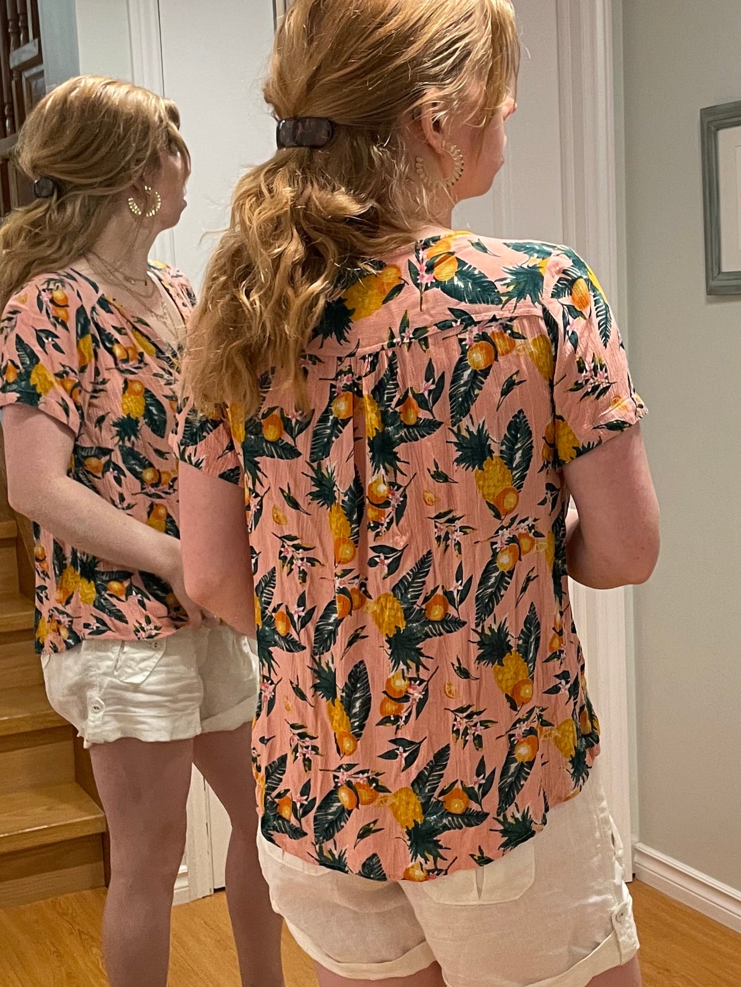 C&C California Peach Pink Tropical Fruit Button-Up Blouse – Small