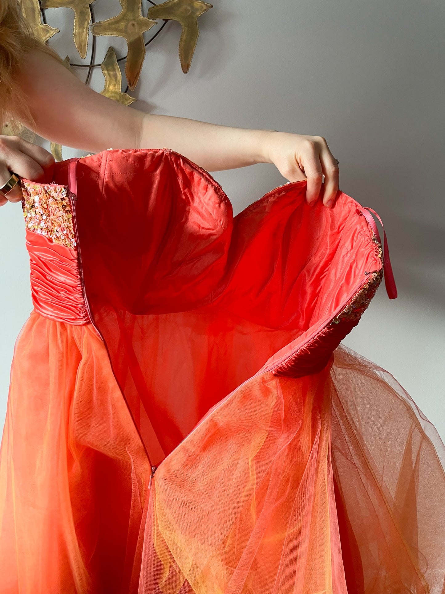 Aspeed Orange Tulle Ruffle Hand Beaded Sweetheart Dress - Size 4