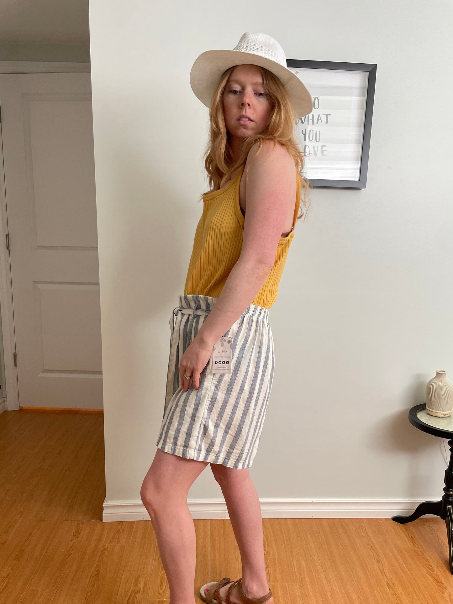 Blue + Ivory Striped Natural Fiber Paperbag Waist Shorts - L/XL