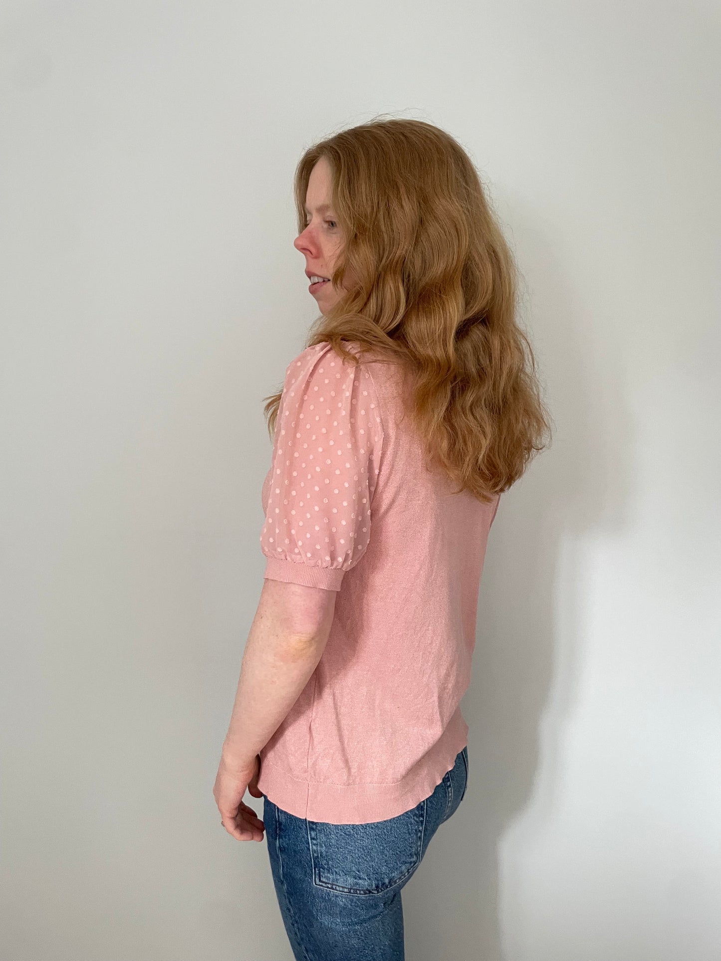 Adrianna Papell Blush Pink Dot Puff Sleeve Knit Top – Small / Medium