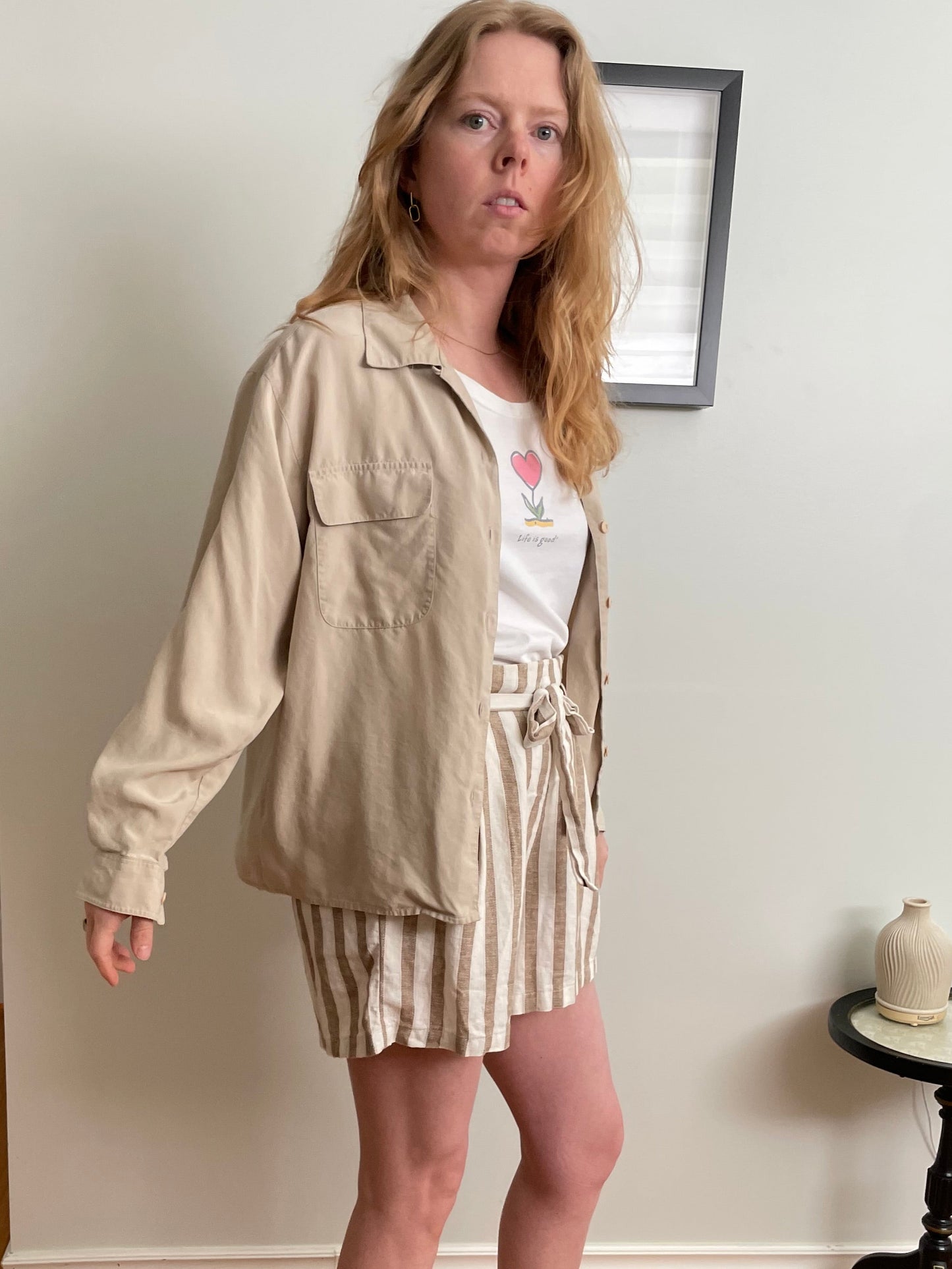 Vintage Cleo Beige 100% Silk Button-Up Shirt – Medium