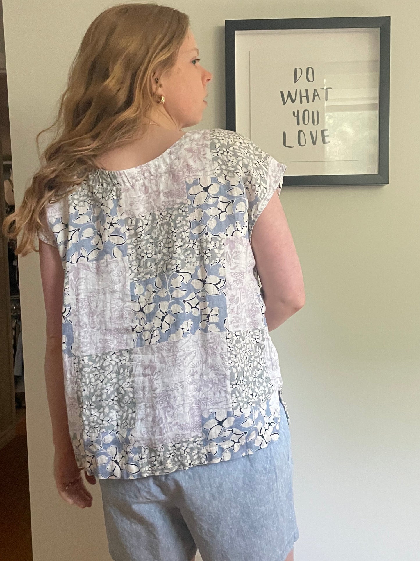 Linen Button-Up Floral Patchwork Short Sleeve Top - Medium
