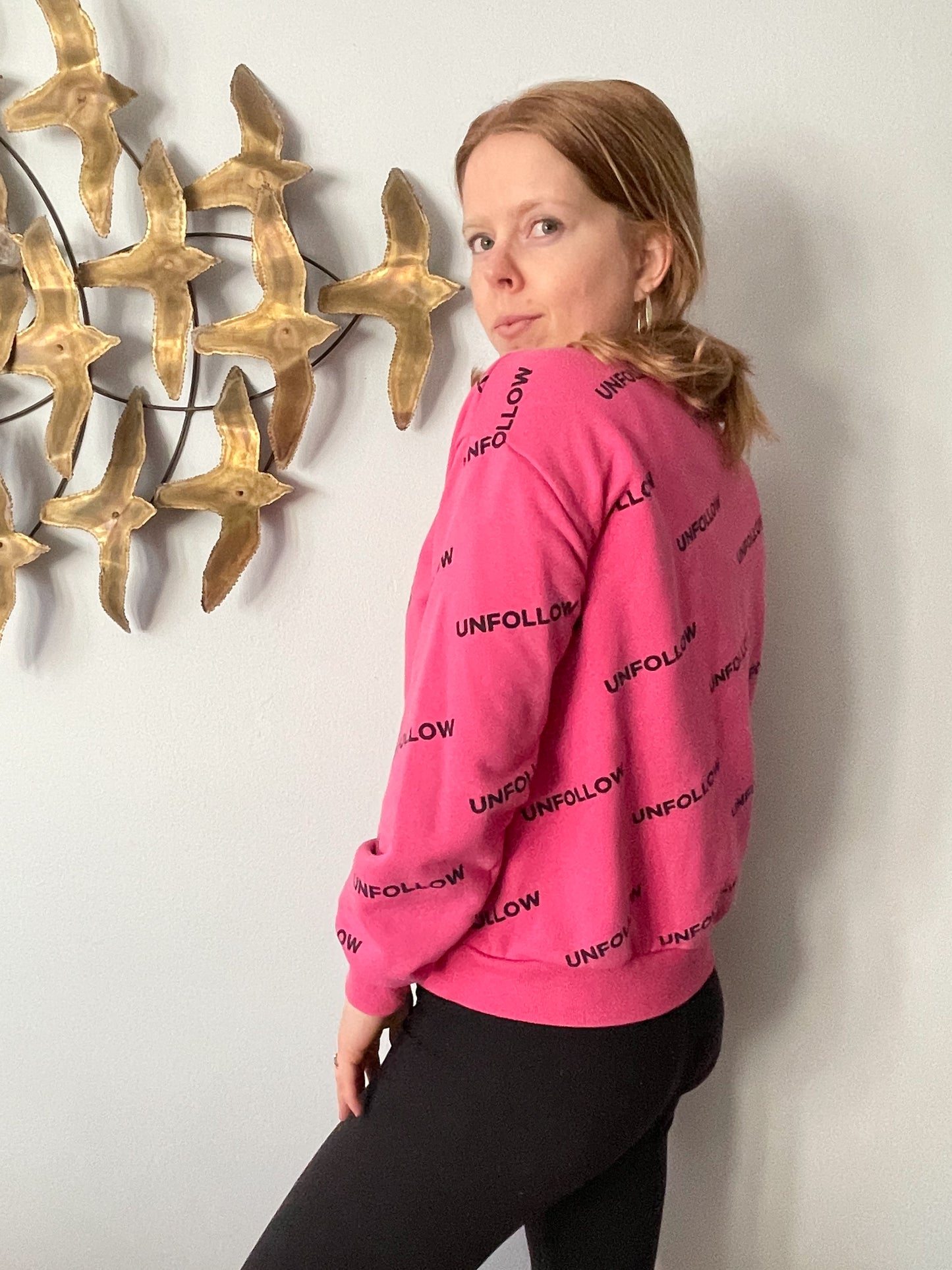 Unfollow Pink Graphic Crewneck Pullover Sweater - S/M/L