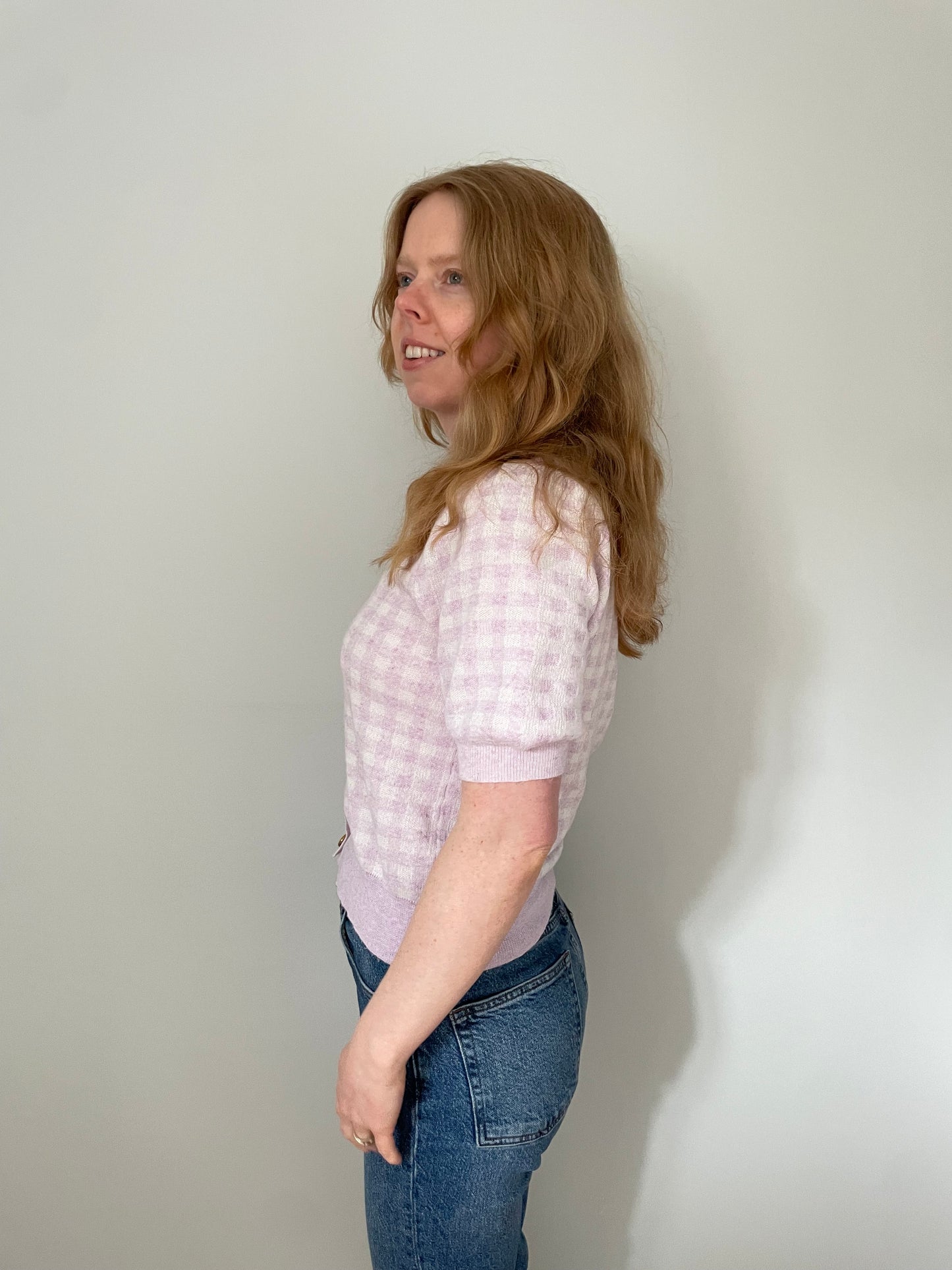 Heartloom Pink Gingham Knit Button-Up Cardigan Knit - Small