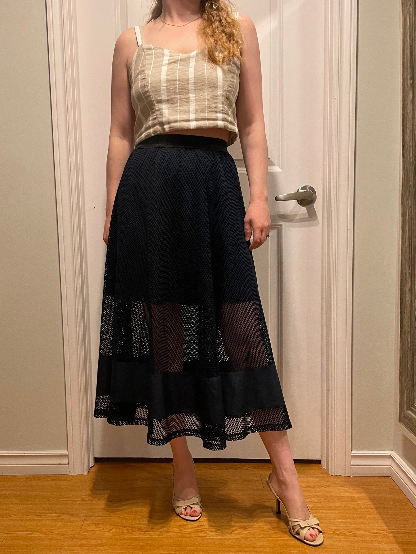 OAK + FORT – Navy Mesh A-Line Midi Skirt – Fits XS/S