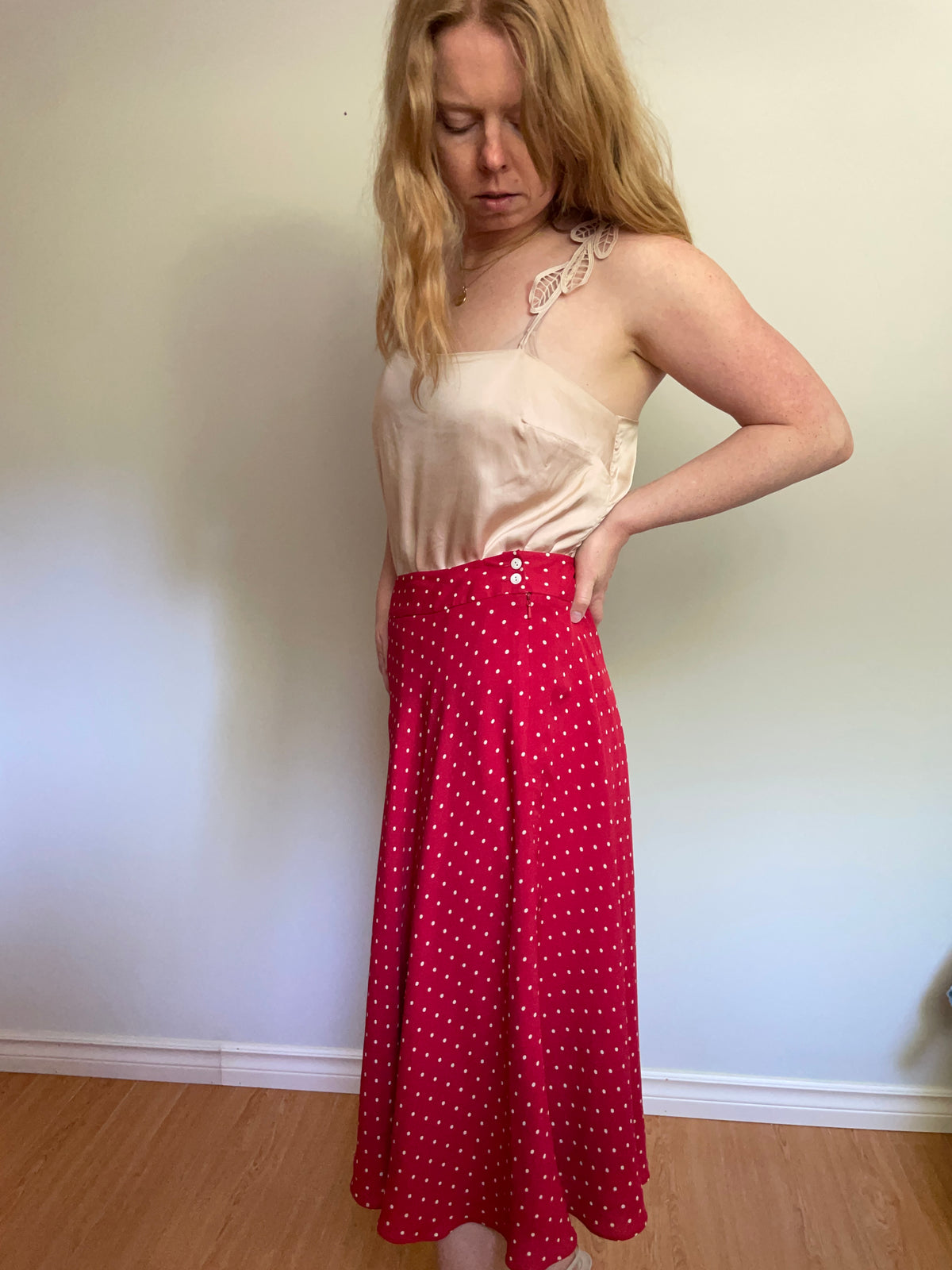 Jones New York Red Polka Dot Silk Midi Skirt – 8/Medium