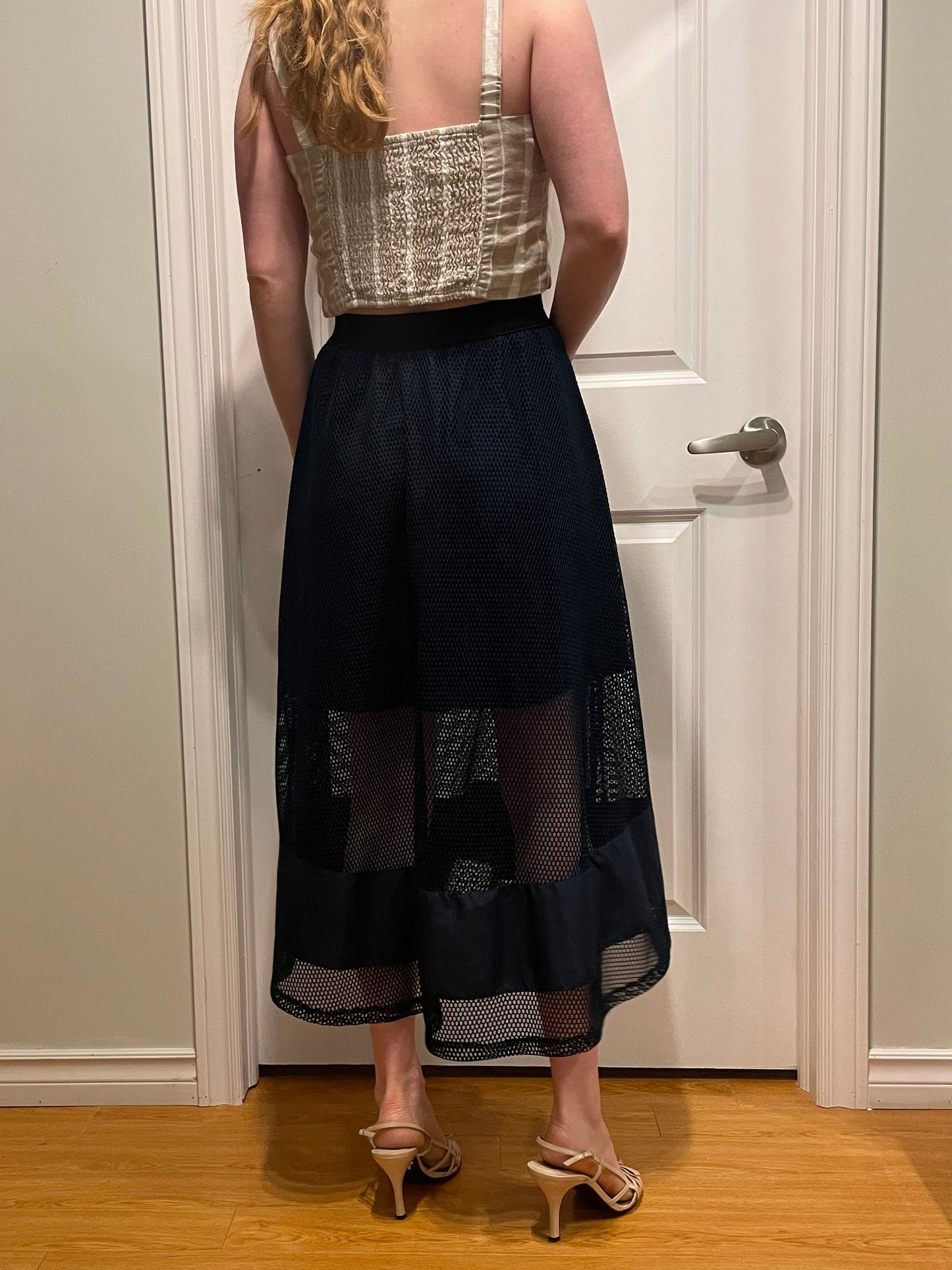 OAK + FORT – Navy Mesh A-Line Midi Skirt – Fits XS/S