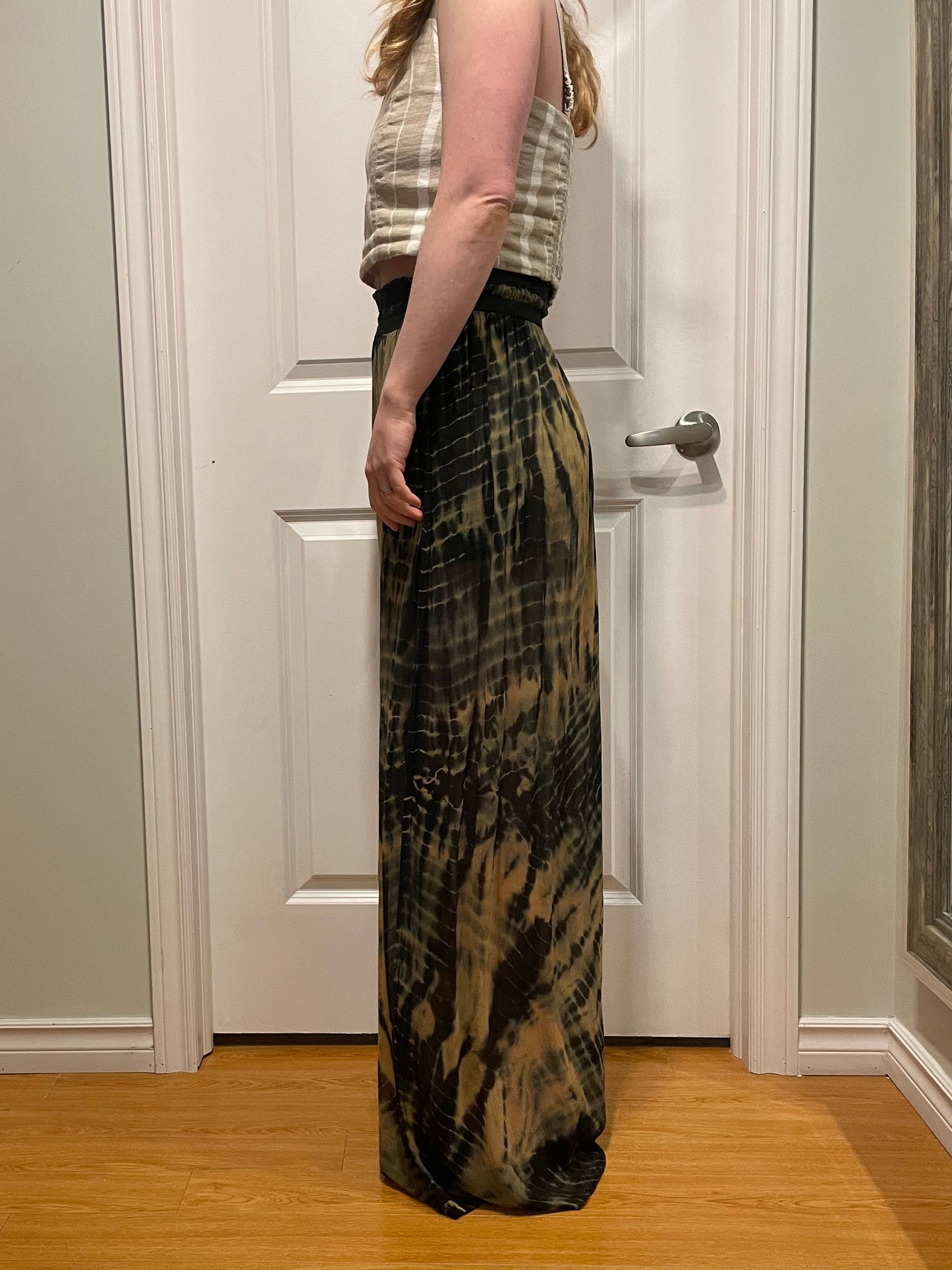 Black & Tan Tie-Dye Silk Draped Maxi Skirt – Small