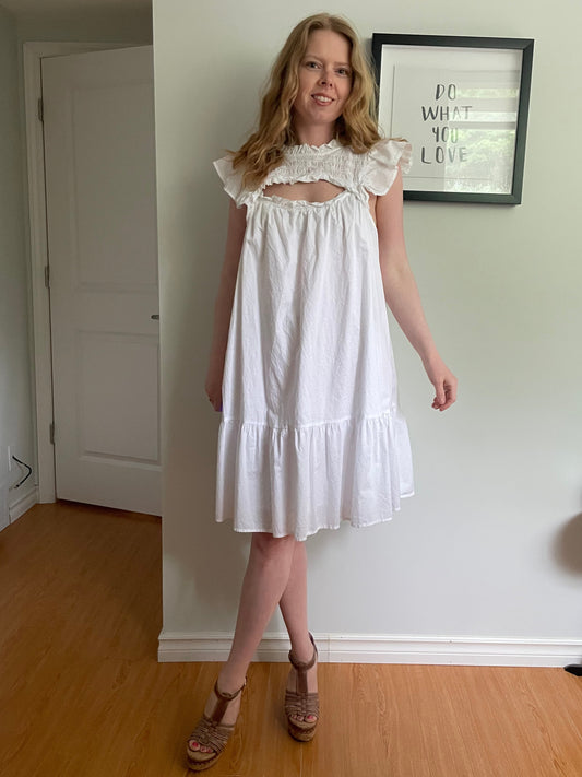 White Eyelet Ruffle Smocked Cotton Cutout Babydoll Dress - XL