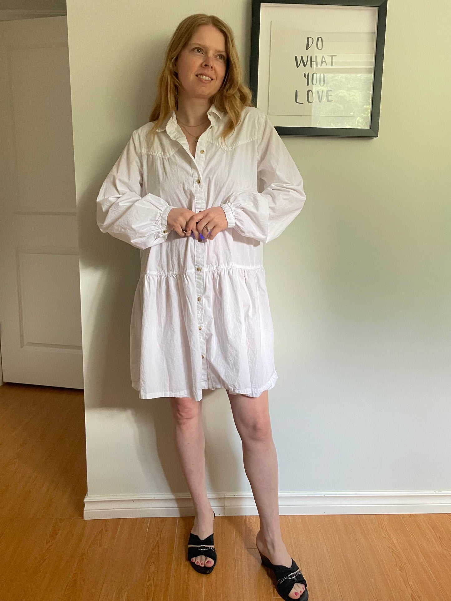 White Cotton Button-Front Tiered Shirt Dress – Medium
