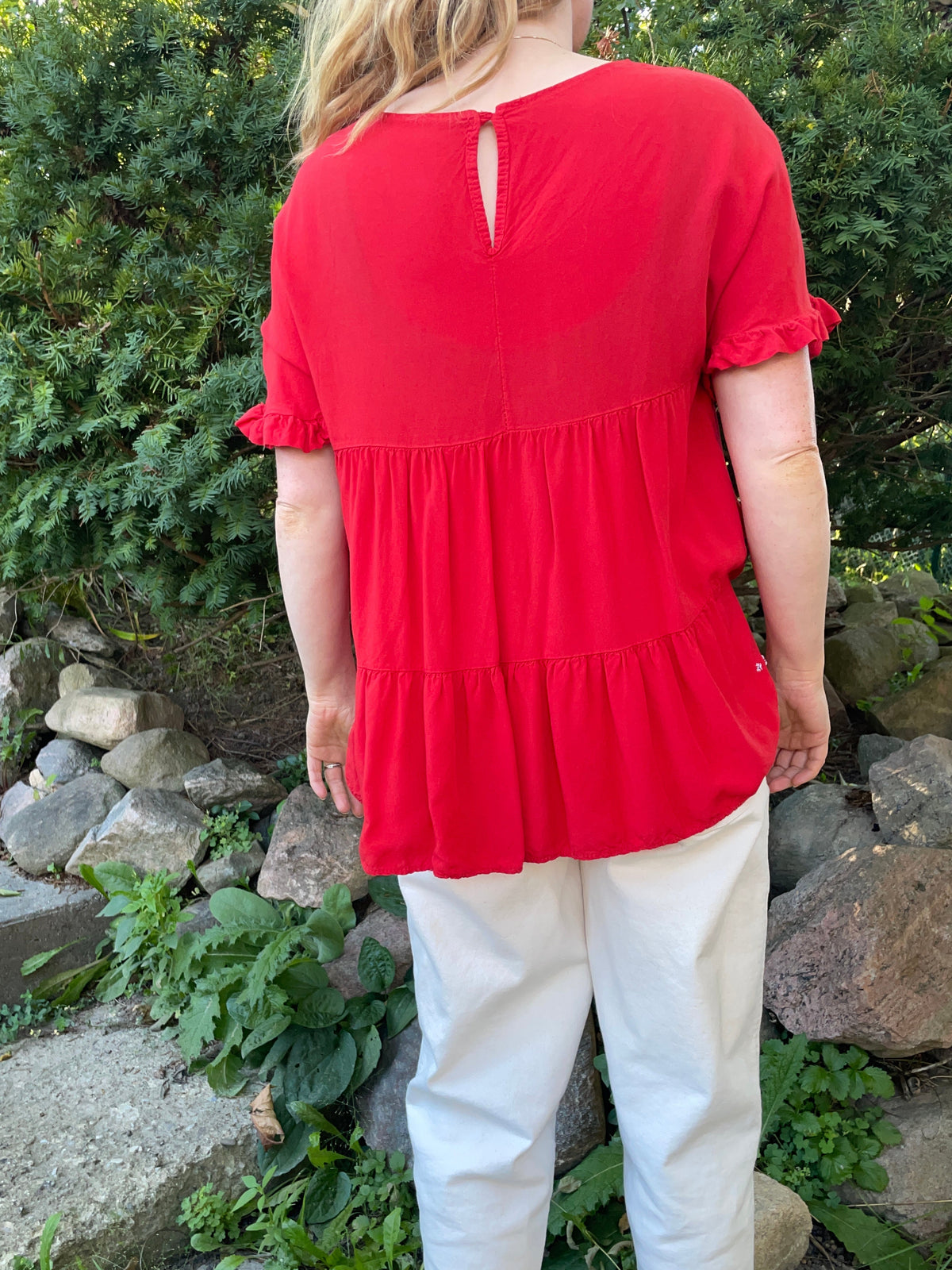 Red Hand-Embroidered Tiered Blouse – M/L