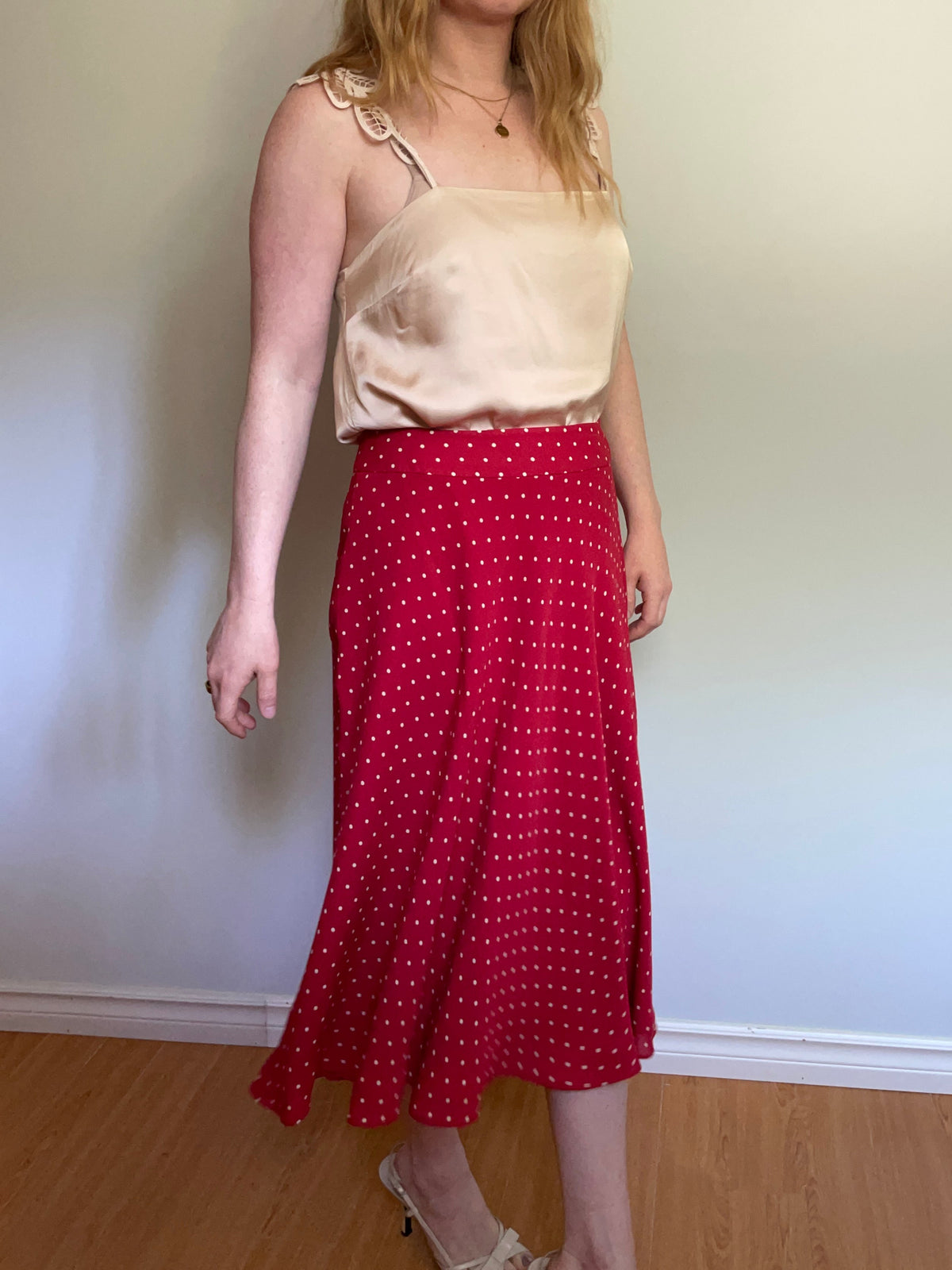 Jones New York Red Polka Dot Silk Midi Skirt – 8/Medium