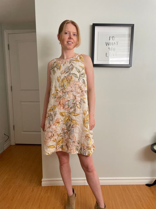 Nicole Miller Cream Floral 100% Linen Sleeveless Shift Dress - Small
