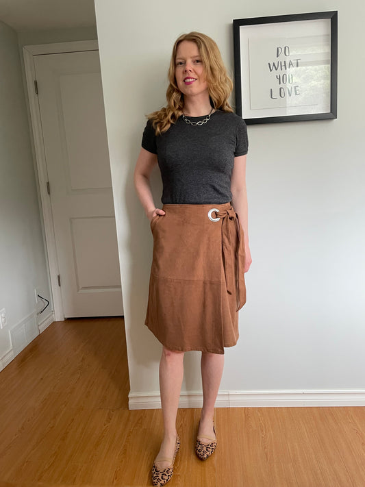 White House Black Market Caramel Faux Suede Wrap Style Skirt - Small