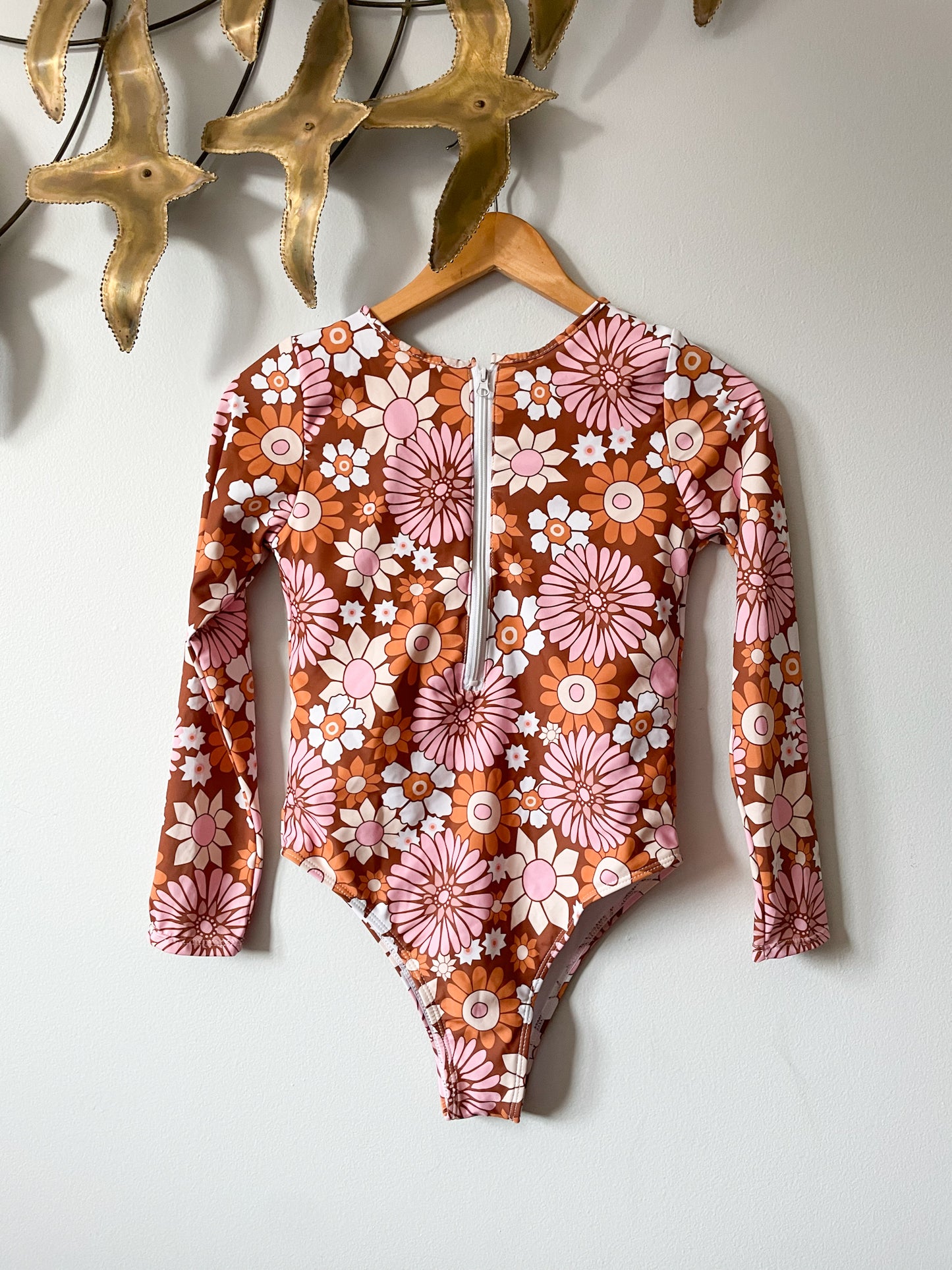 70's Style Retro Floral Zip Up Long Sleeve Swim Suit Bodysuit - Medium