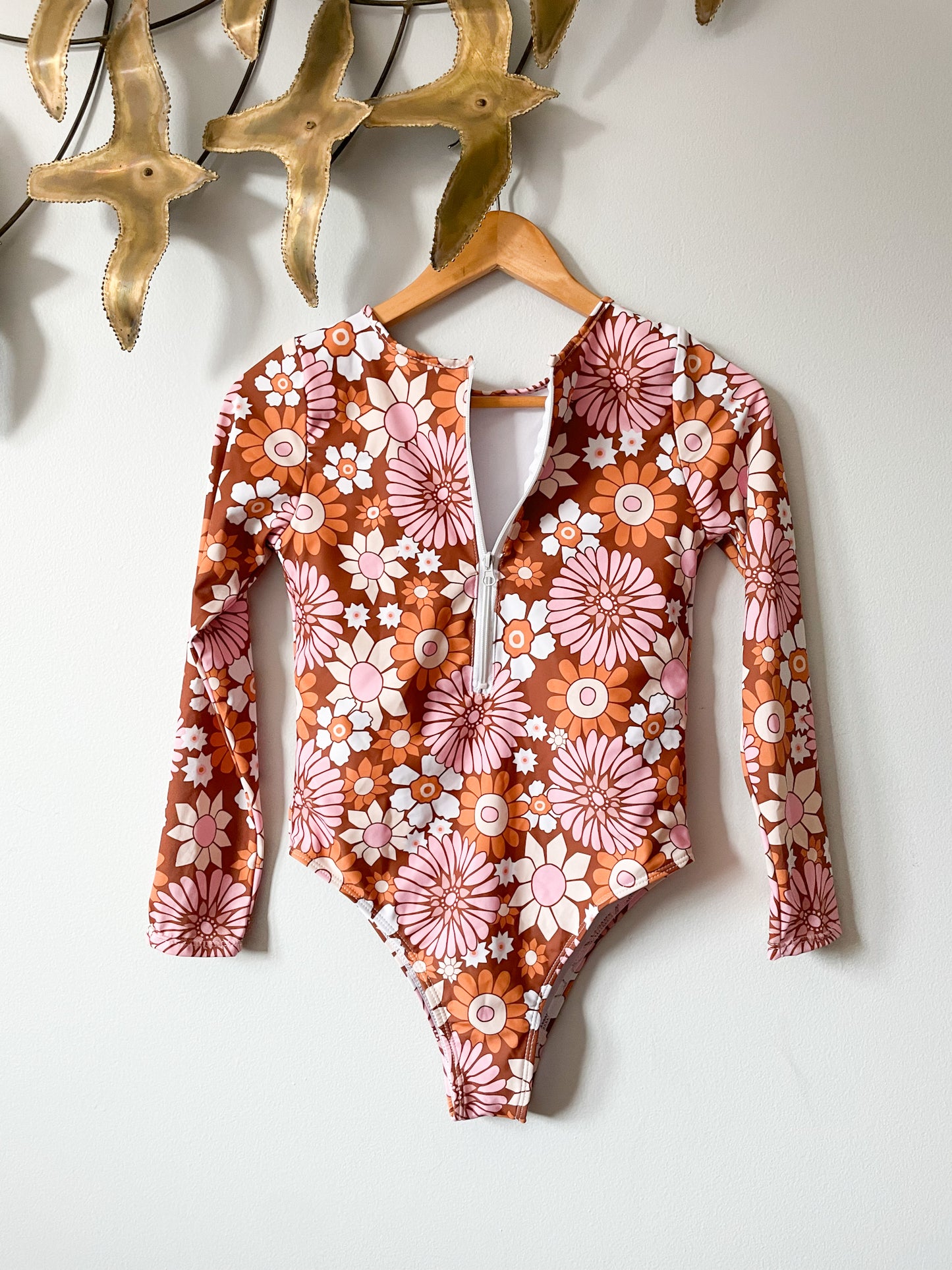 70's Style Retro Floral Zip Up Long Sleeve Swim Suit Bodysuit - Medium