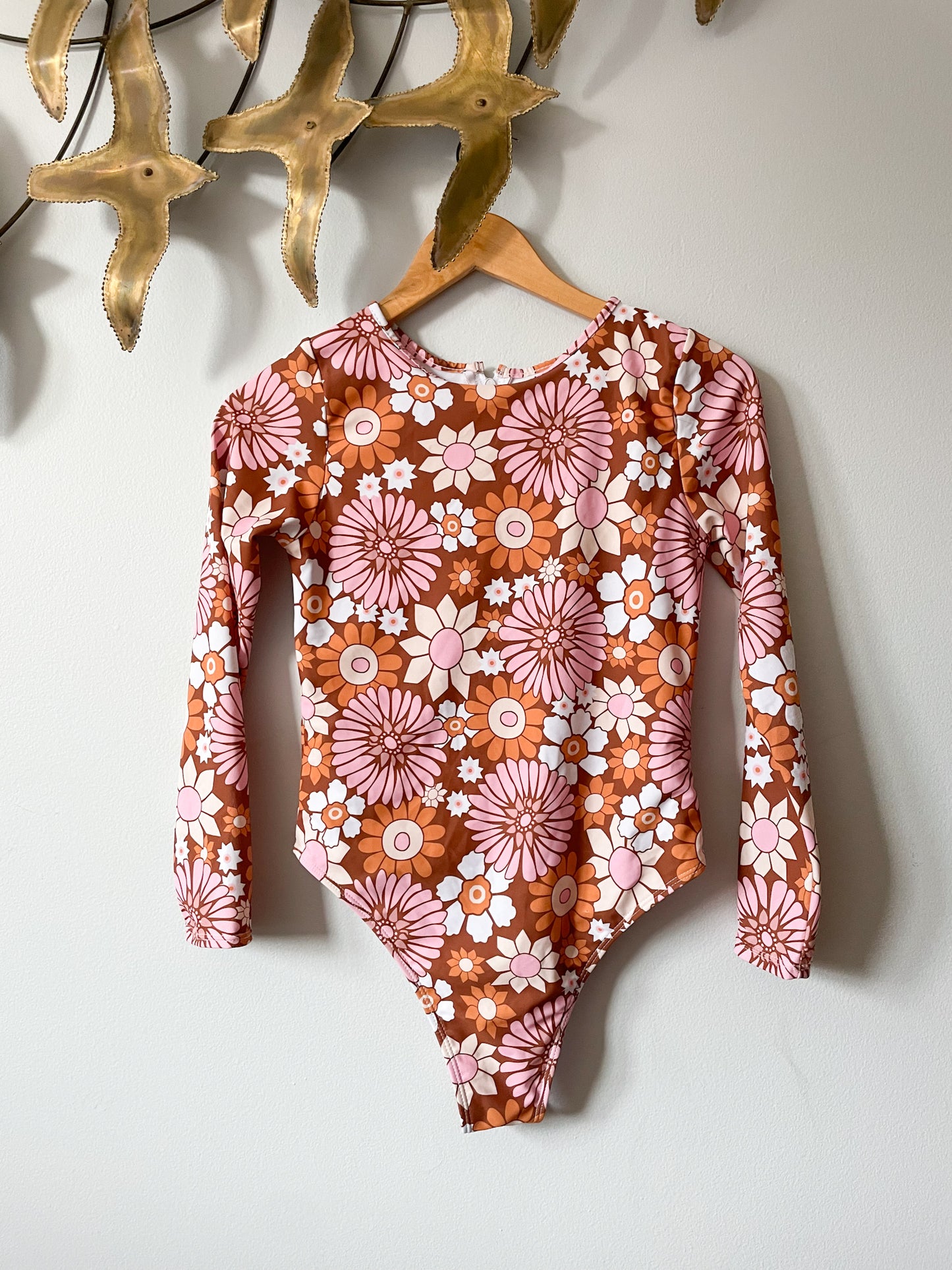 70's Style Retro Floral Zip Up Long Sleeve Swim Suit Bodysuit