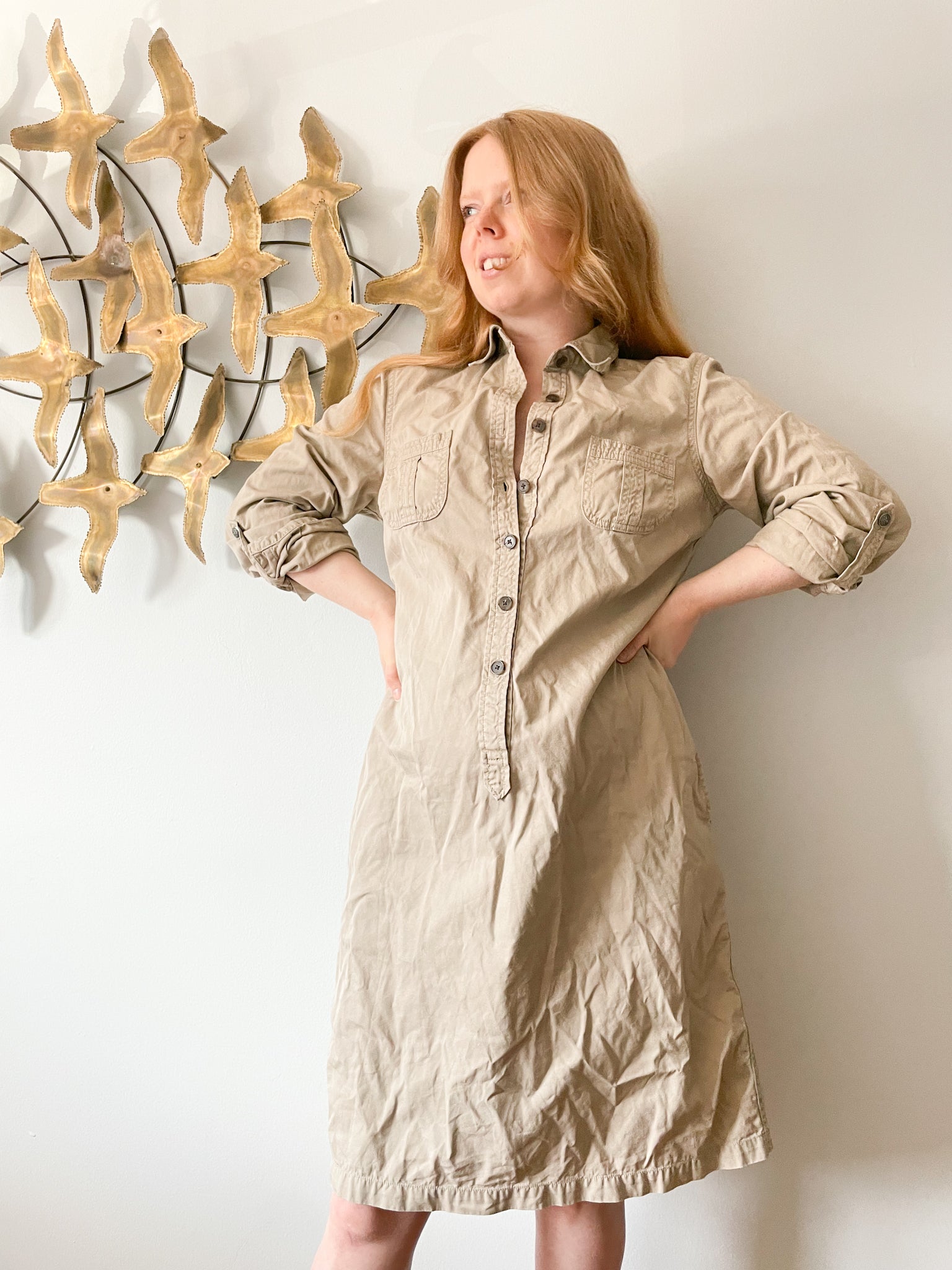 lands end polo shirt dress Lands' End Khaki Cotton Polo Dress