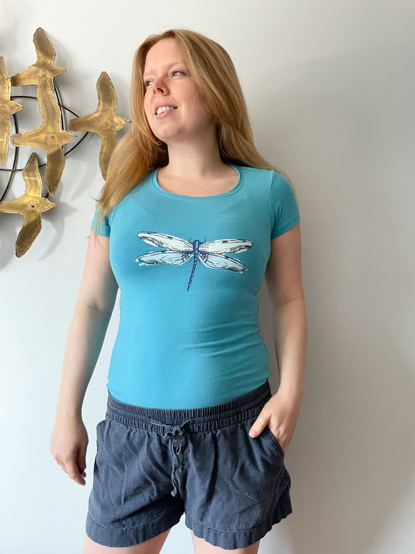 Blue Dragonfly Print Scoop Neck T-Shirt - Small