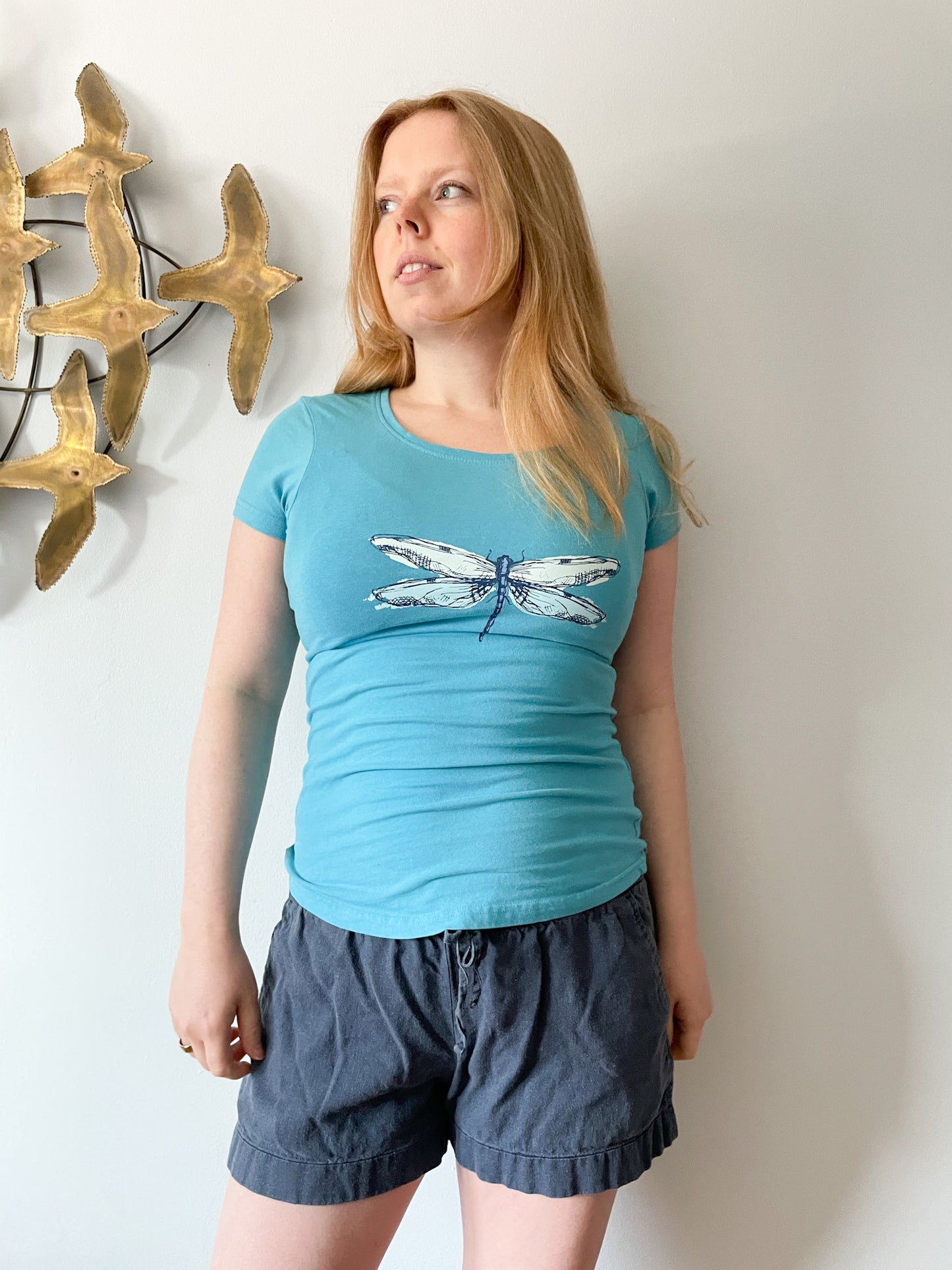 Blue Dragonfly Print Scoop Neck T-Shirt - Small