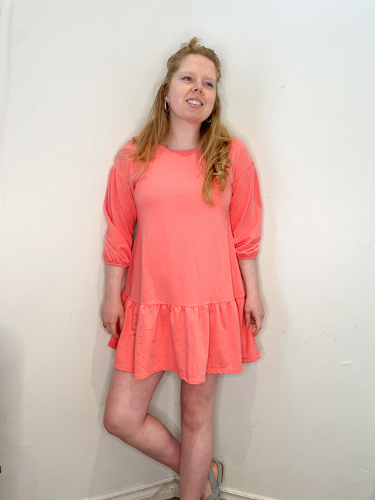 Ultra Flirt Coral Pink Knit Balloon Sleeve Ruffle Hem Mini Dress - M/L