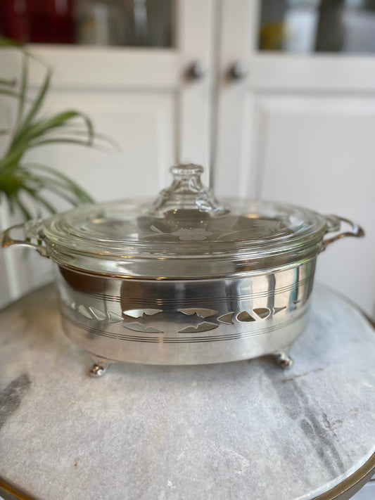 Vintage Pyrex Small Oval Casserole Dish with Silver Plated Server