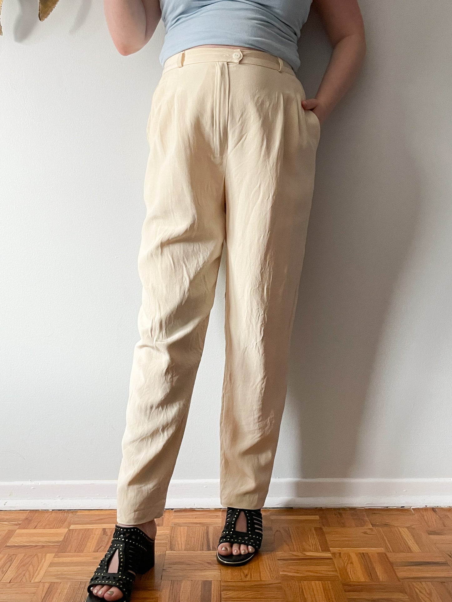Vintage Bianca Nygard Cream 100% Silk High Rise Trouser Pants - Size 12