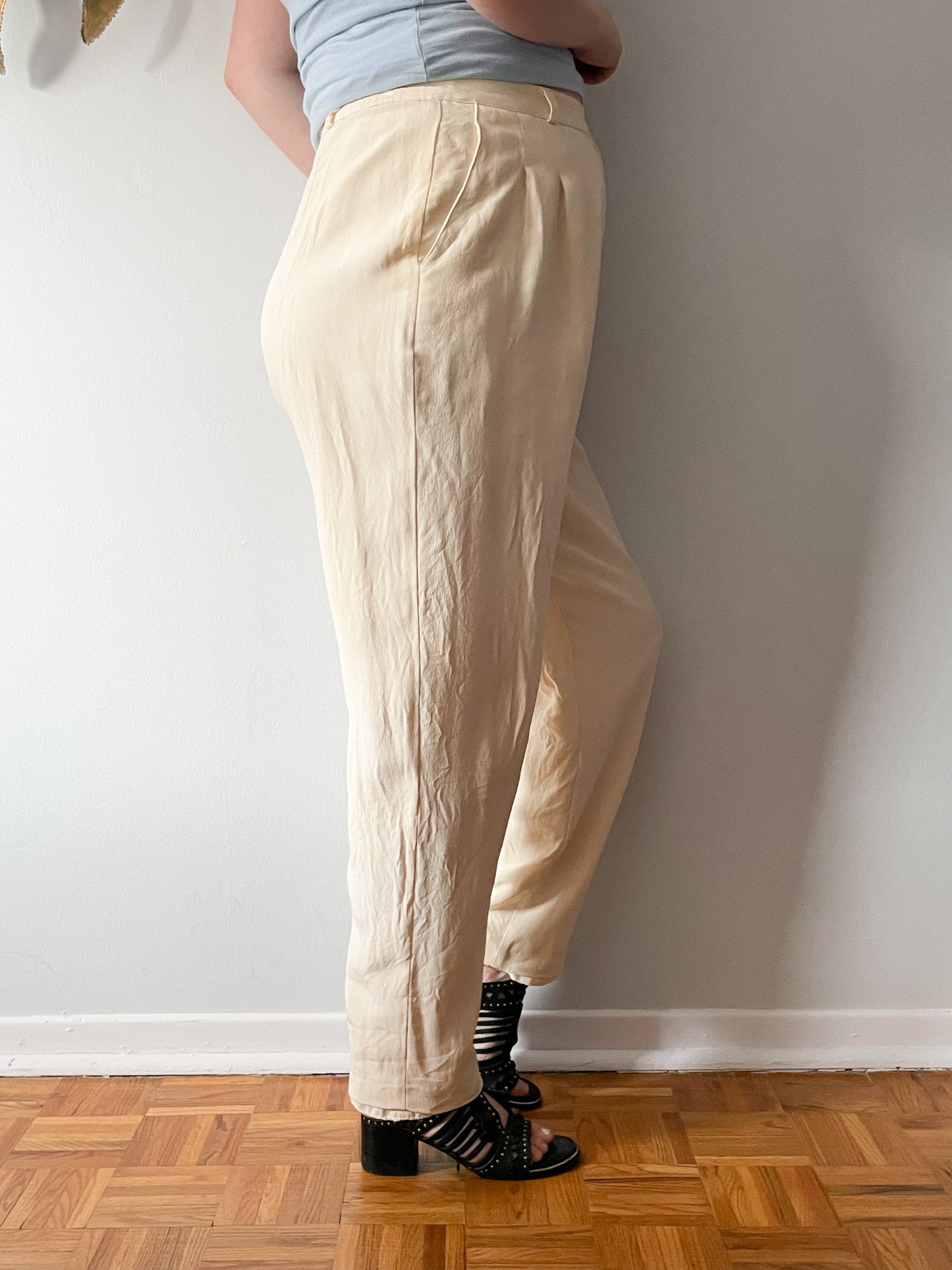 Vintage Bianca Nygard Cream 100% Silk High Rise Trouser Pants - Size 12