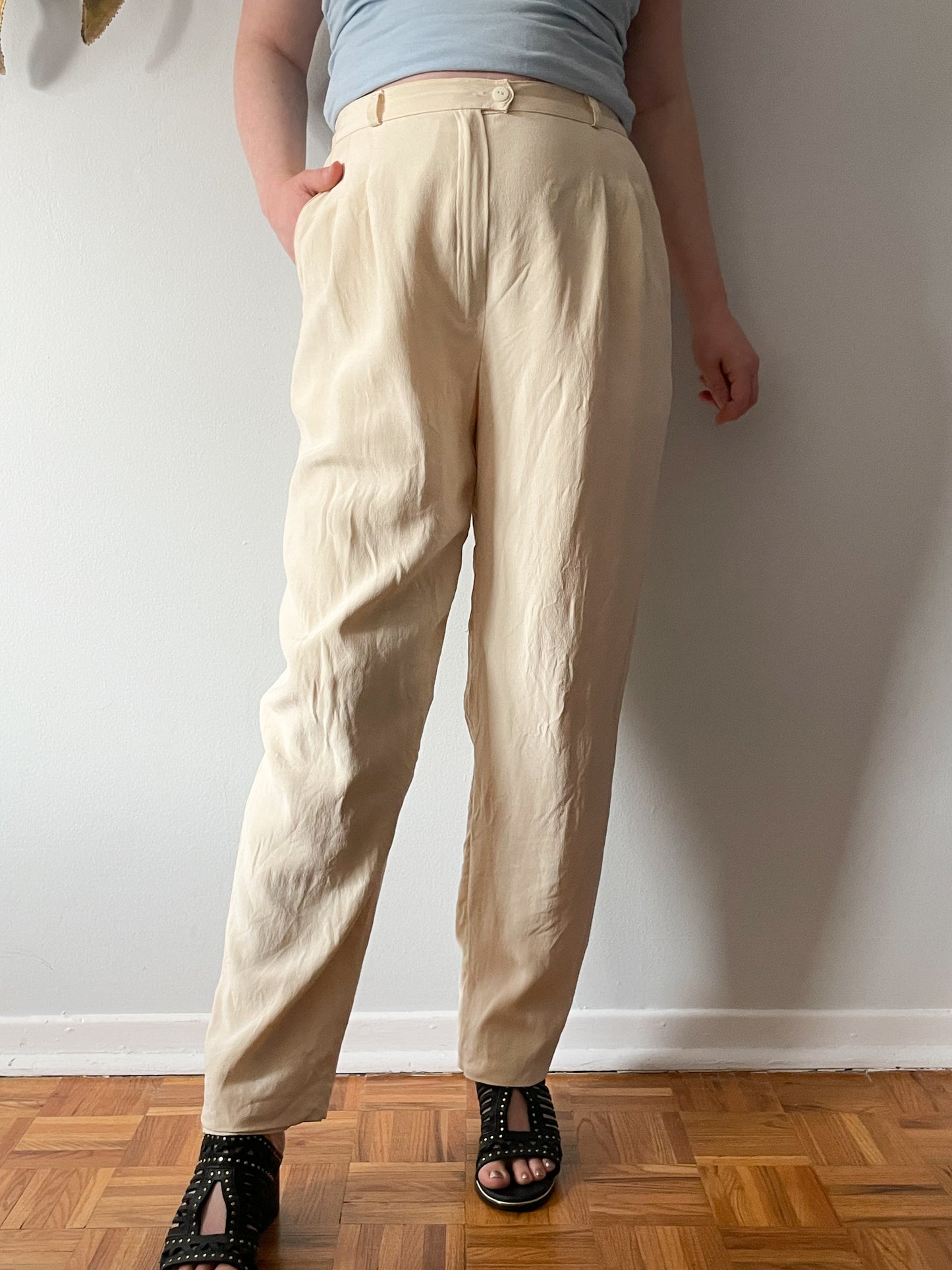 Vintage Bianca Nygard Cream 100% Silk High Rise Trouser Pants - Size 12