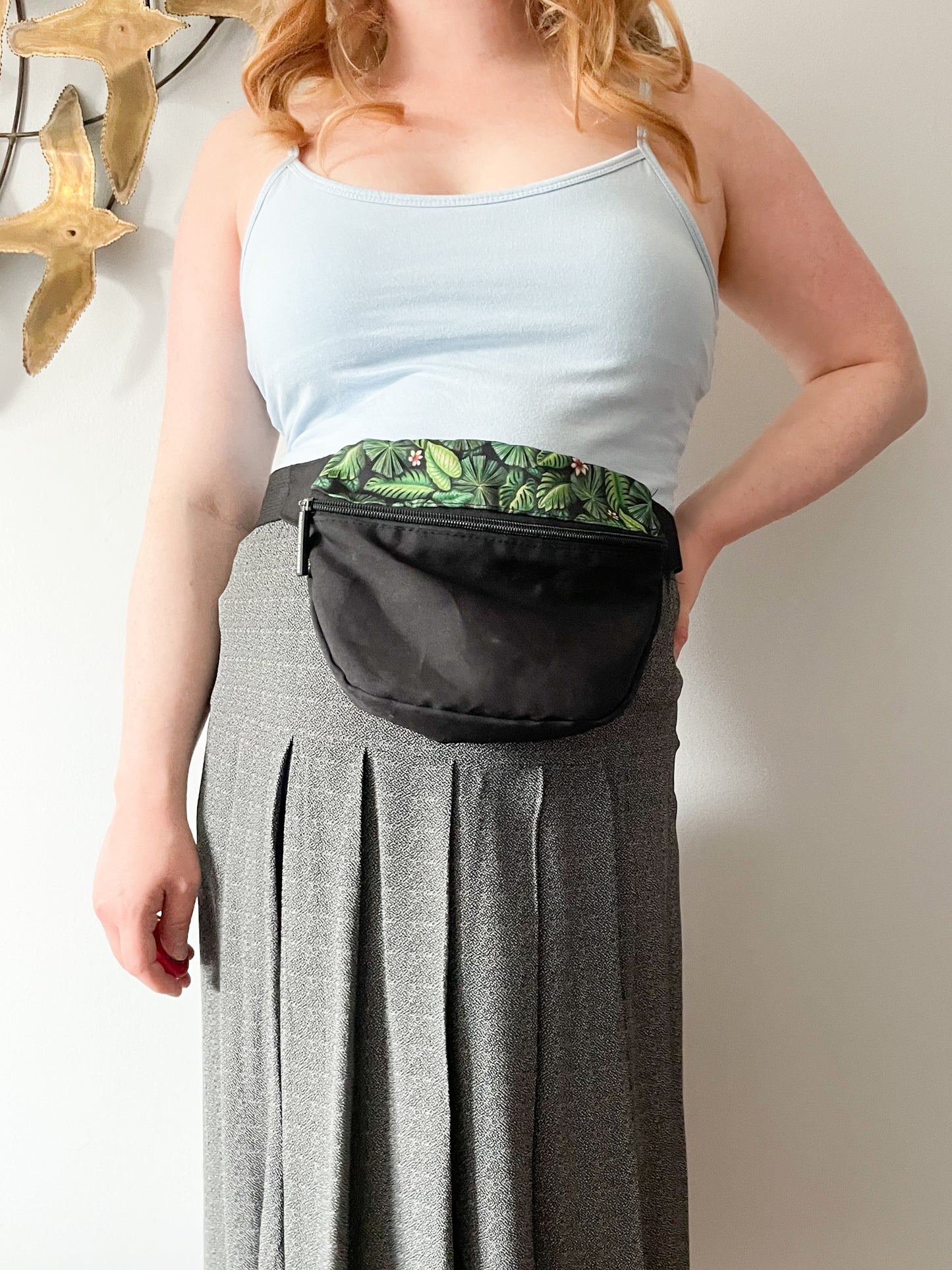 Black Green Tropical Palm Print Fanny Pack Belt Bag
