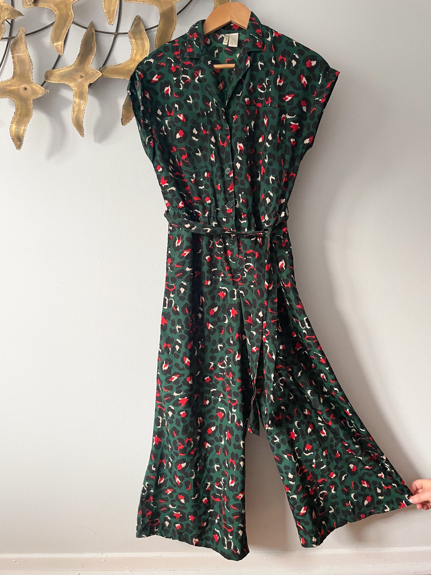 Japna Forest Green Red Leopard Print Cropped Palazzo Jumpsuit - Small