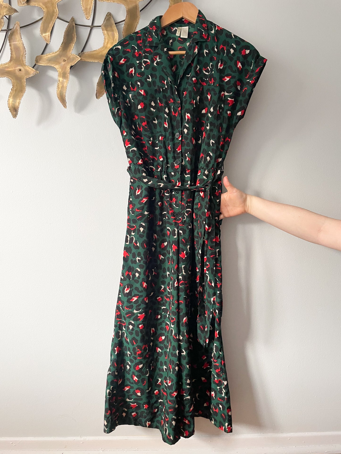 Japna Forest Green Red Leopard Print Cropped Palazzo Jumpsuit - Small
