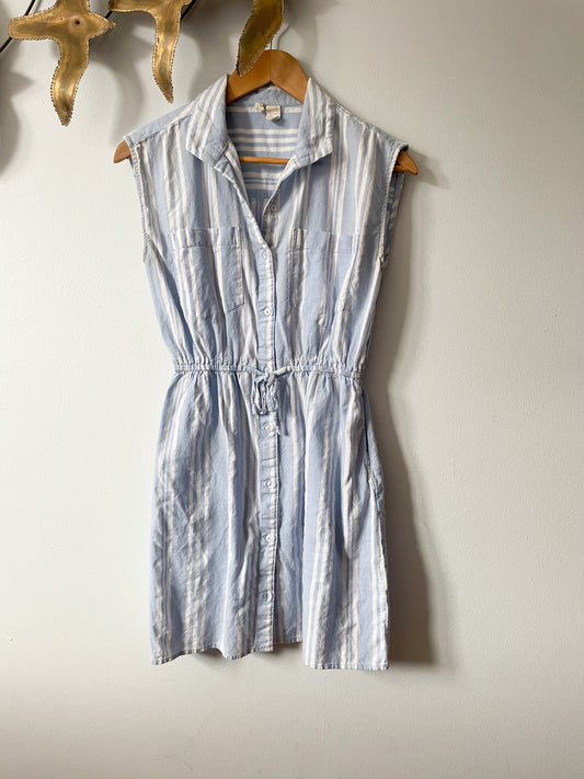 Japna Chambray Blue Stripe 100% Cotton Sleeveless Button Front Dress - Small