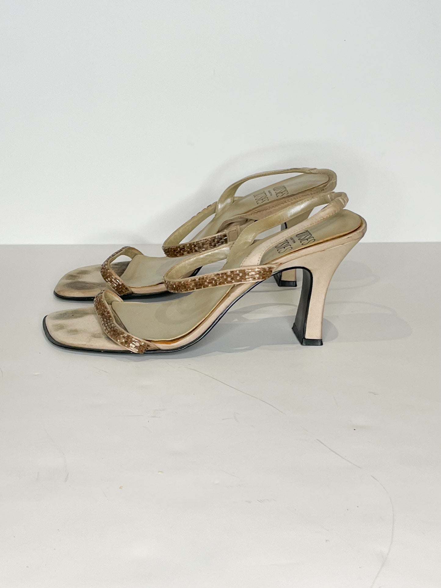 Mootsies Tootsies Soft Gold Satin Strappy Square Toe 3.25" Heels - Size 6.5