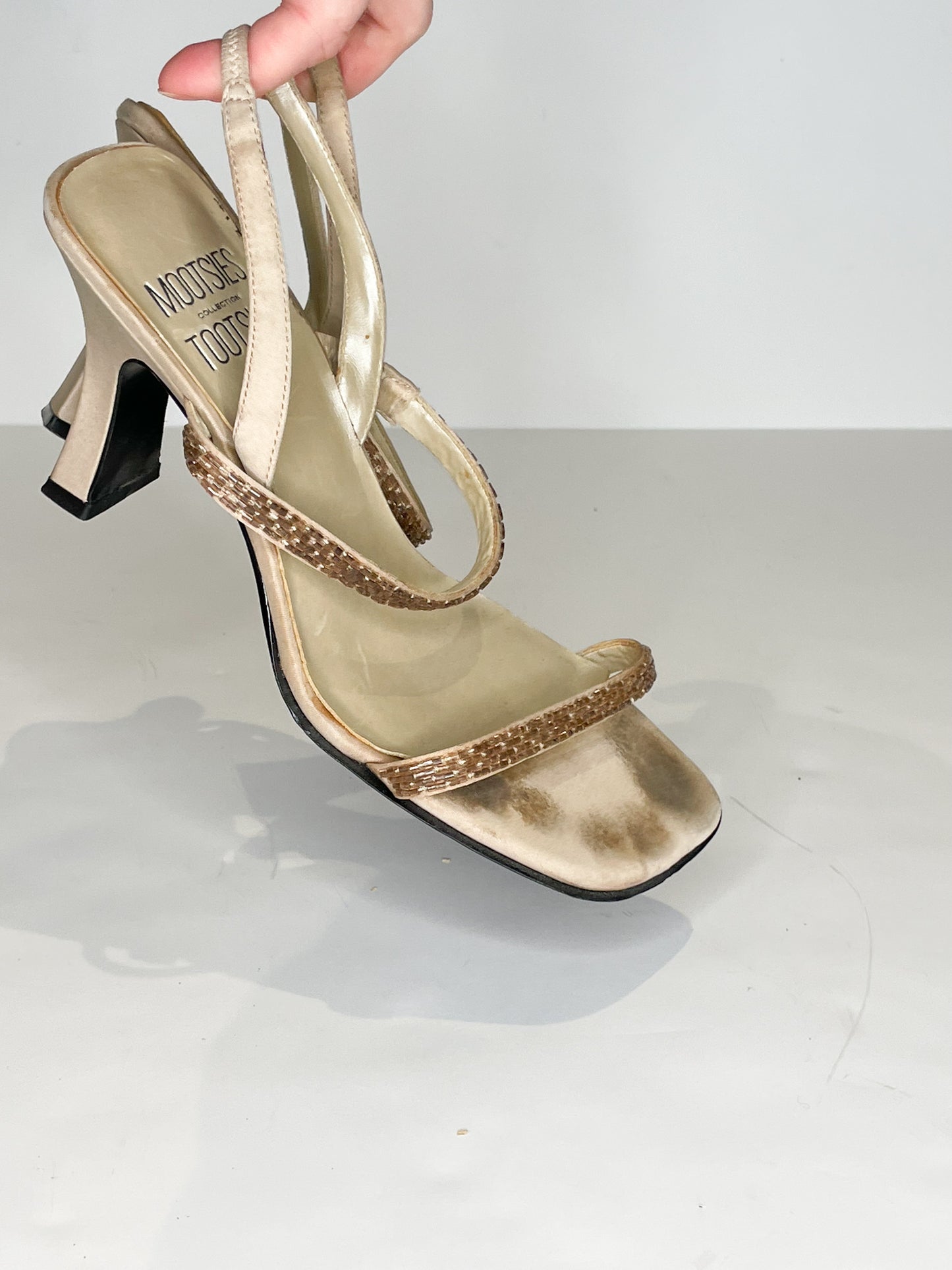 Mootsies Tootsies Soft Gold Satin Strappy Square Toe 3.25" Heels - Size 6.5