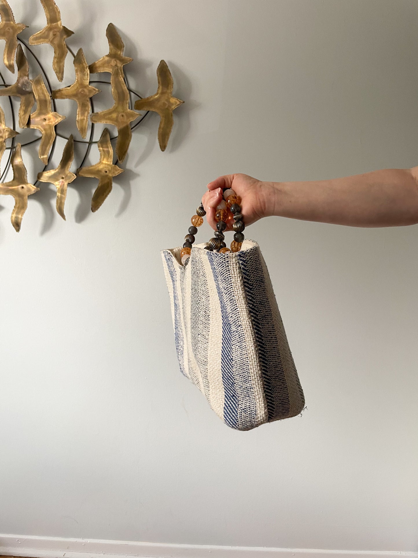 Nanette Lepore Blue and White Metallic Stripe Woven Boho Bag with Beaded Handles