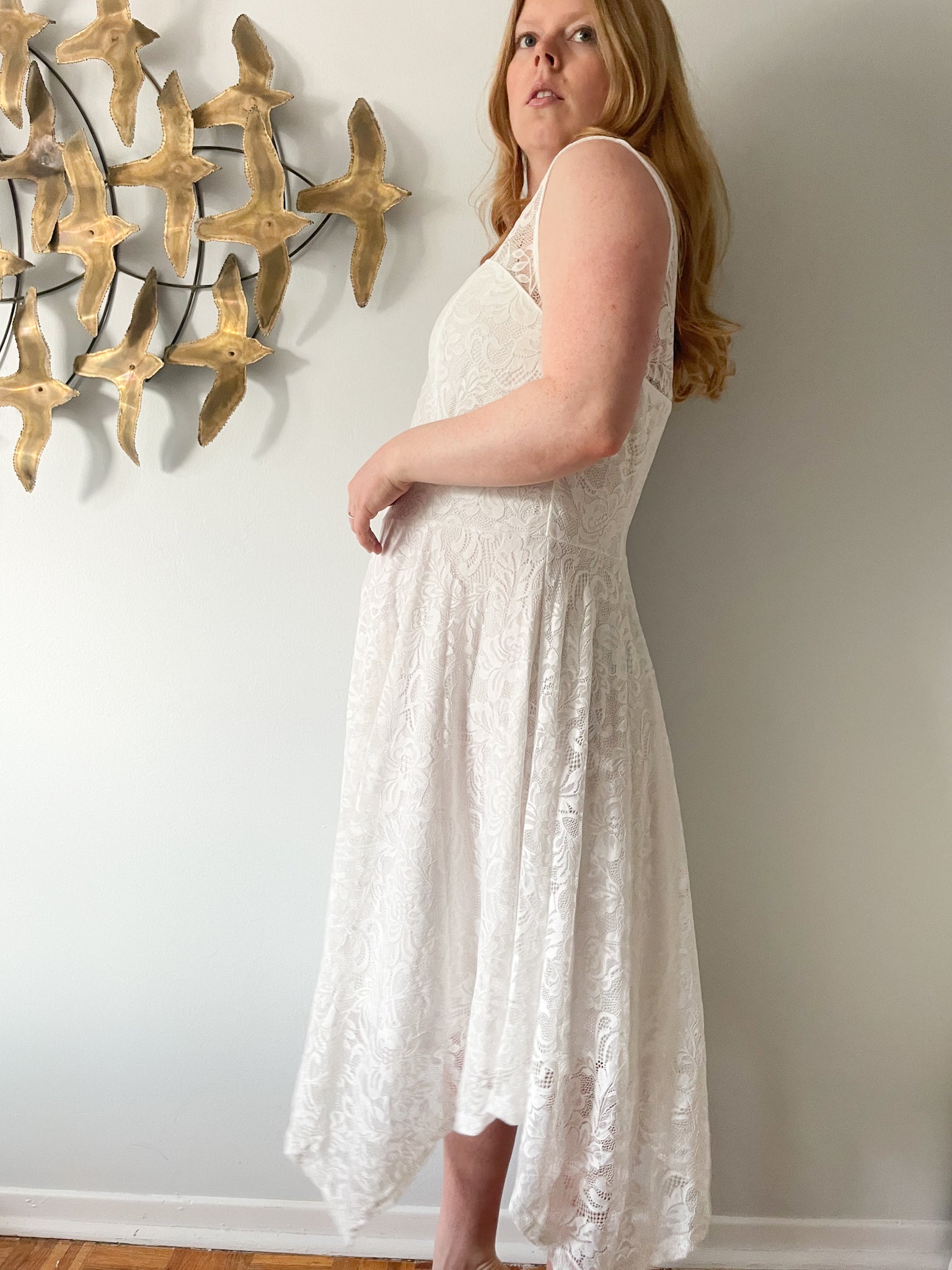 MeetJen White Lace Sleeveless Asymmetrical Hem Fit Flare Dress NWT - 3XL MeetJen White Lace Sleeveless Asymmetrical Hem Fit Flare Dress NWT - 3XL