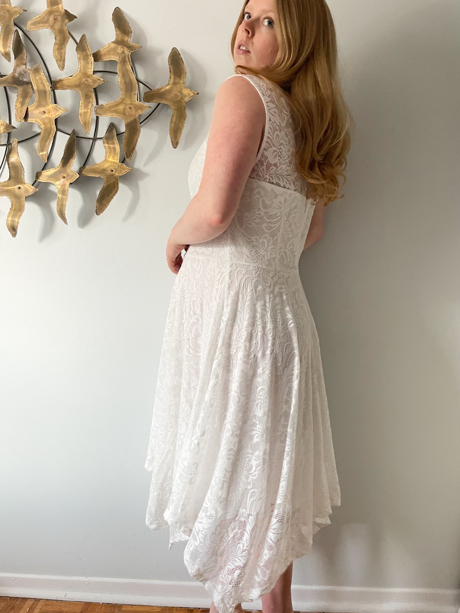 MeetJen White Lace Sleeveless Asymmetrical Hem Fit Flare Dress NWT