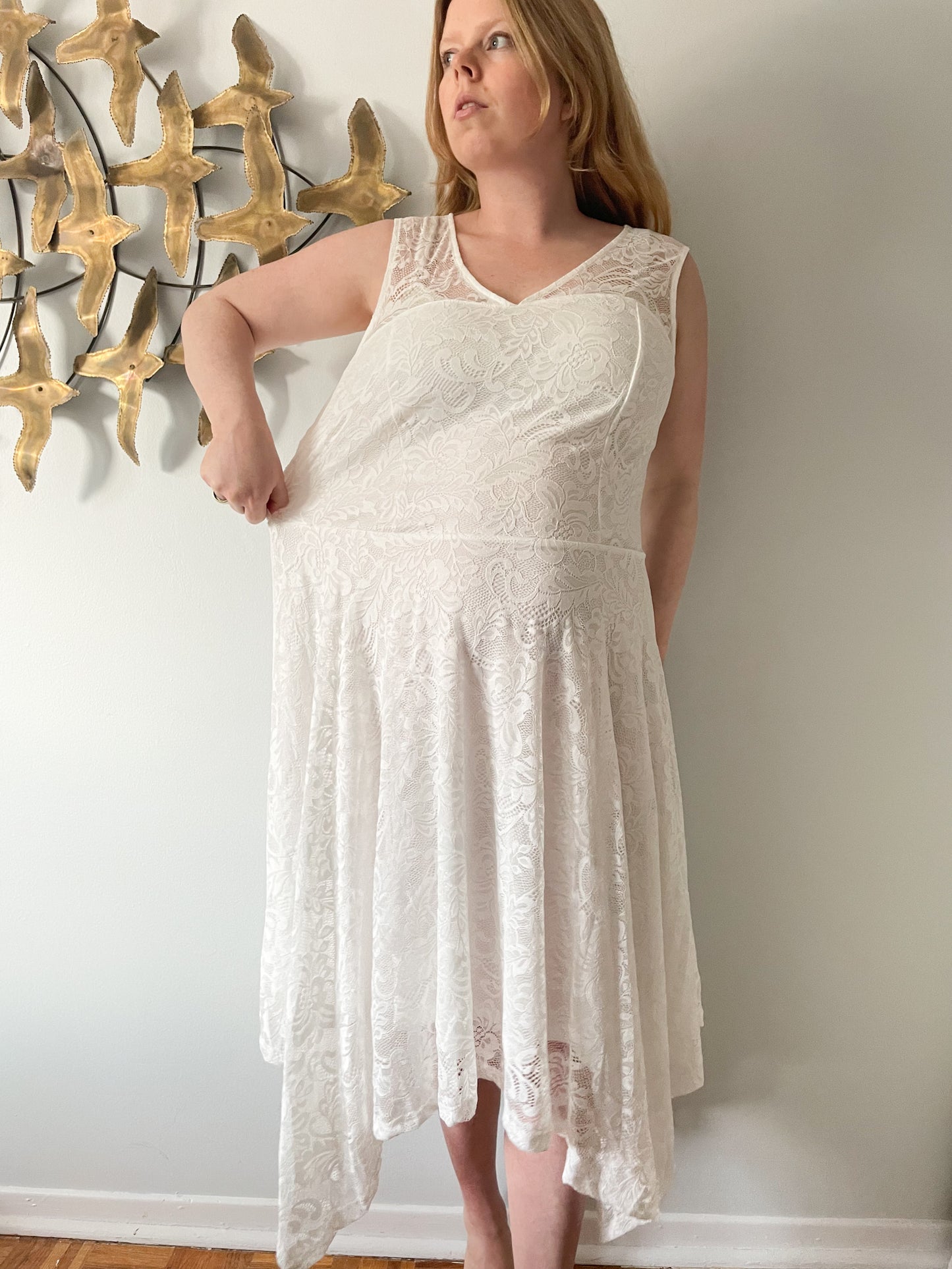 MeetJen White Lace Sleeveless Asymmetrical Hem Fit Flare Dress NWT - 3XL