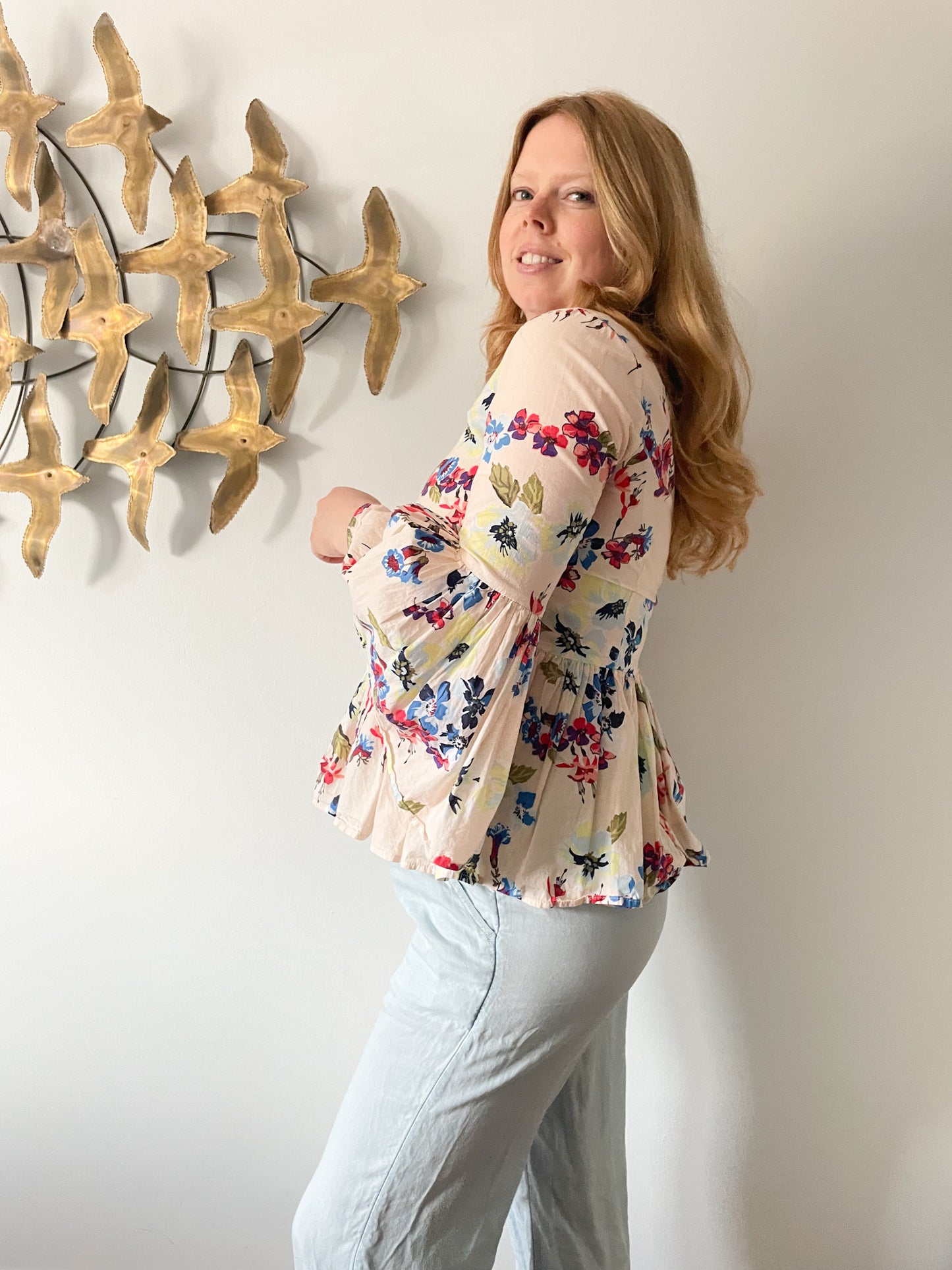 Jane & Delancey Blush Floral 100% Cotton Bell Sleeve Babydoll Peplum Ruffle Top - S/M