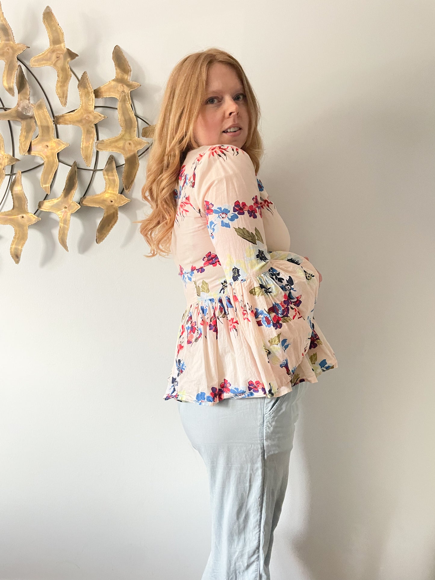 Jane & Delancey Blush Floral 100% Cotton Bell Sleeve Babydoll Peplum Ruffle Top - S/M
