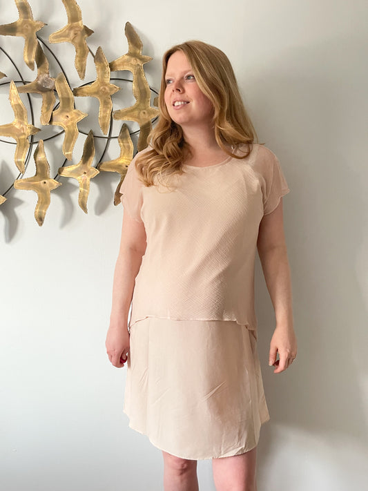 Basement Collection Blush Chiffon Overlay Short Sleeve Dress - Medium